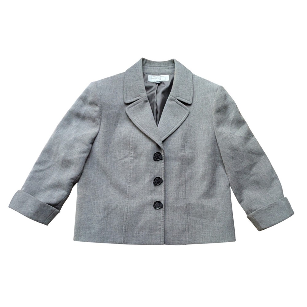 Tahari Grey Wool‎ Blend 3 Button Blazer Jacket Womens Petite 14P Career Academia - Picture 2 of 9